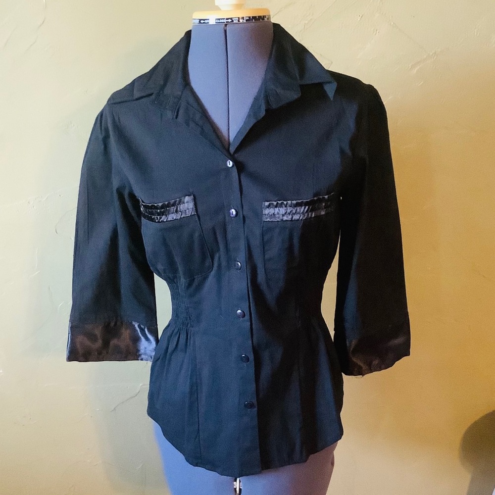 Retro Black Button Up Blouse Size M